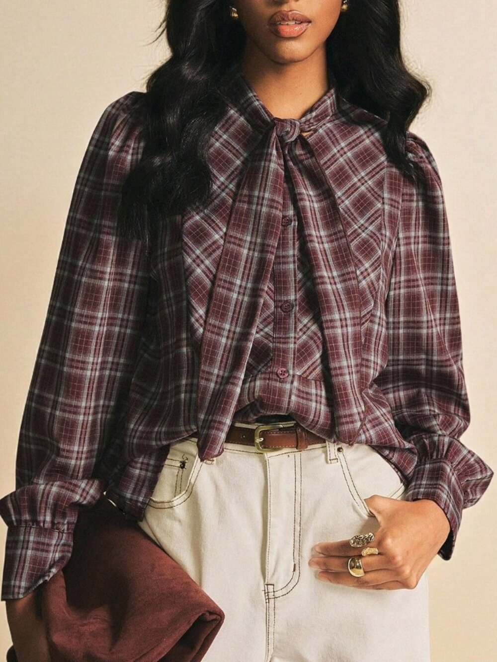 Rust Brown Casual Women's Plaid Bow Tie Blouse